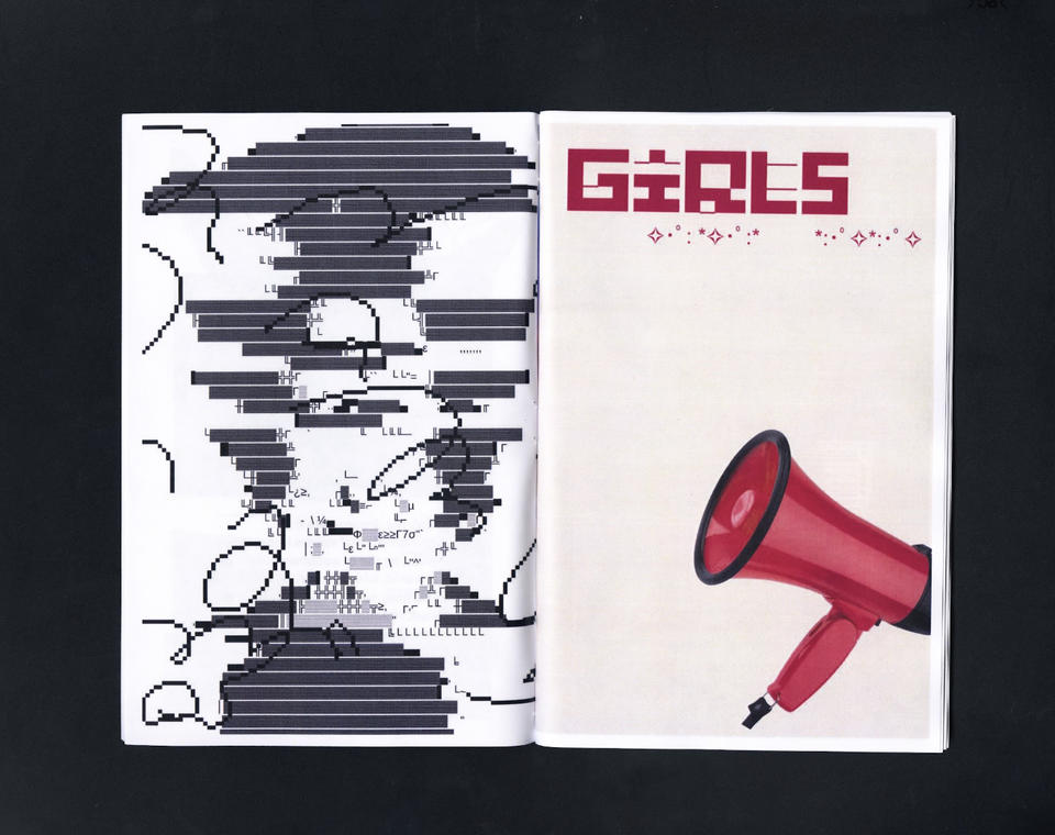 A spread from the zine. One side has a mix of pixel drawings and blocks. The other side says "Girls" with a megaphone.