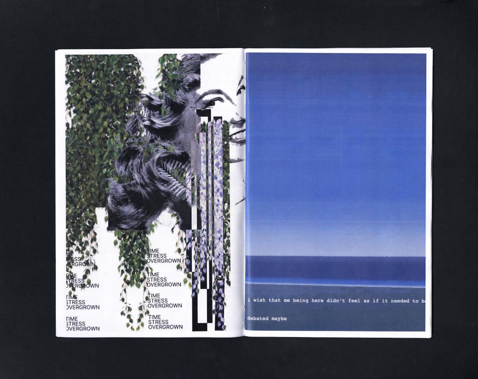 A spread from the zine. One side has collaged images and other other side has a photo of the ocean.