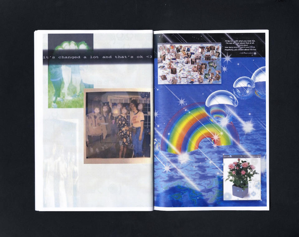 A spread from the zine. Both pages are collaged with images of bubbles, personal photographs, rainbows, and others.