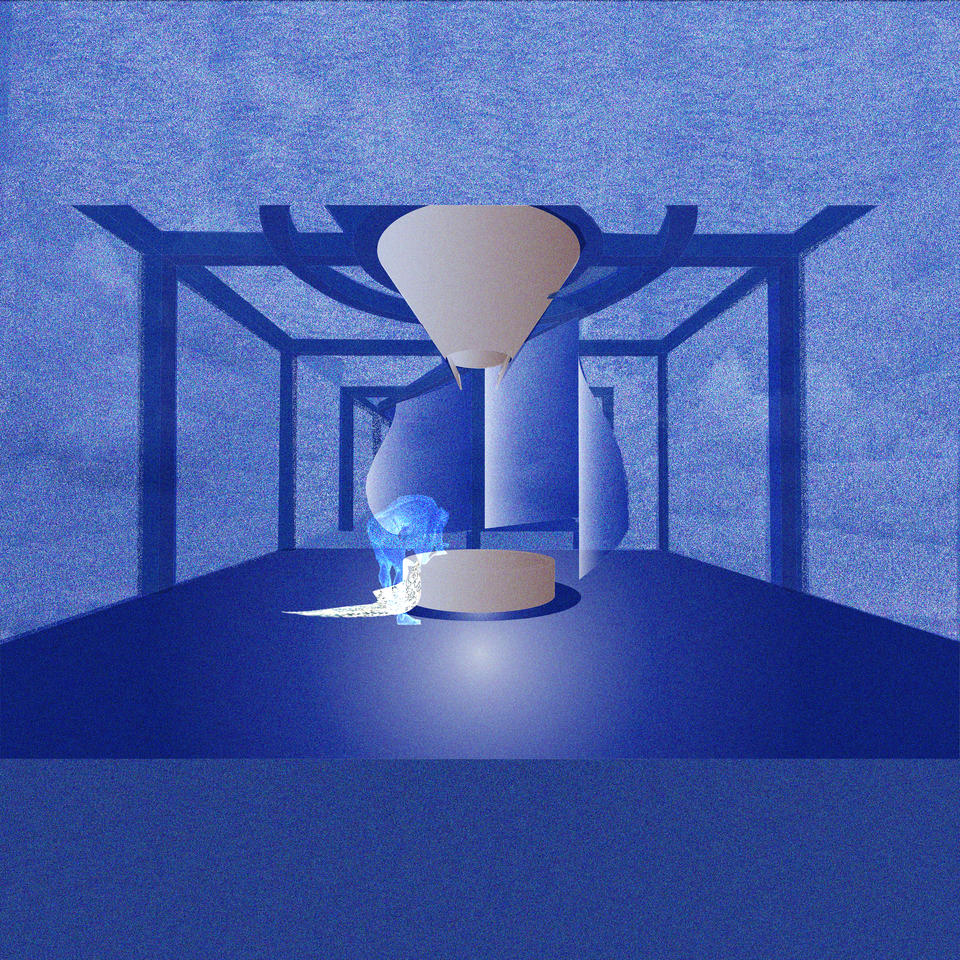 Blue room with a golden funnel artifact found in the middle of it. A golden basin is found beneath the funnel.
