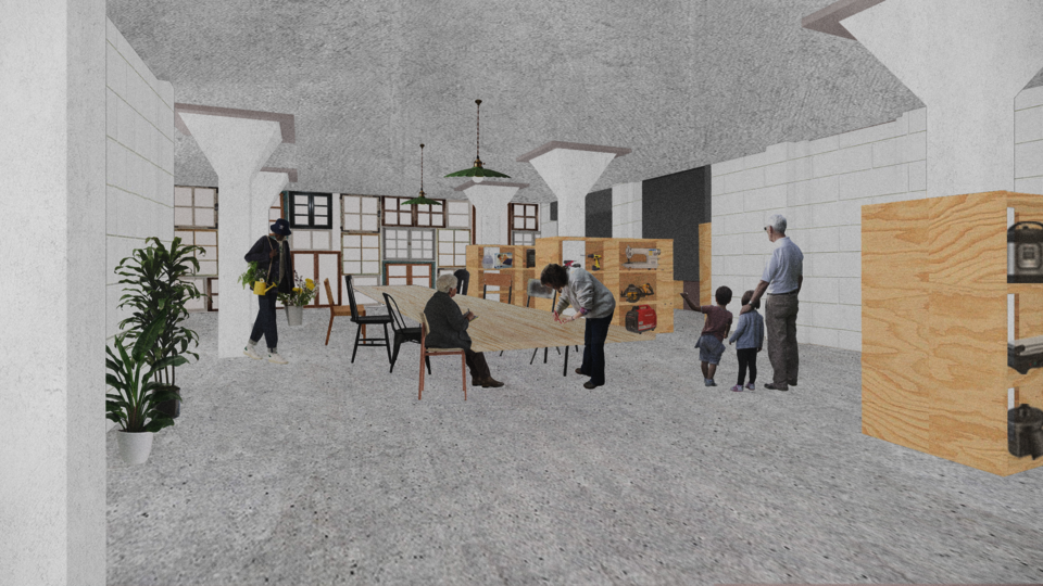 collage render of a library of things and people at workspace 