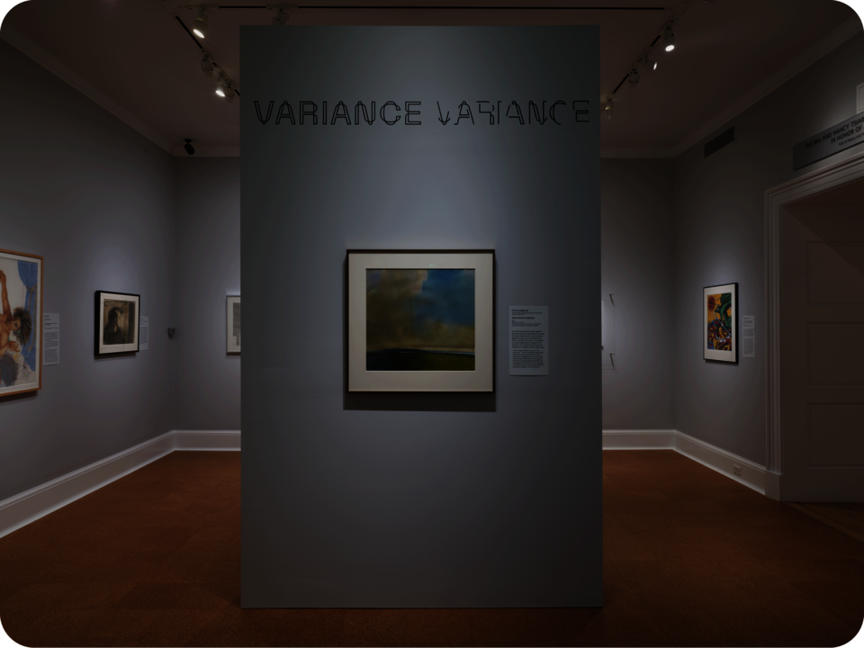Exhibit documentation. A center room divider reads “VARIANCE VARIANCE” and displays a landscape painting. Behind the divider are walls displaying paintings in different styles. 