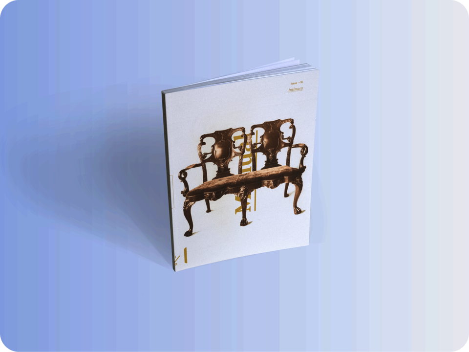 Book placed upright against a white background. Its cover is white with a photo of ornate brass couch, behind which reads “MANUAL”. The cover’s upper right reads “Issue 16: Intimacy”.