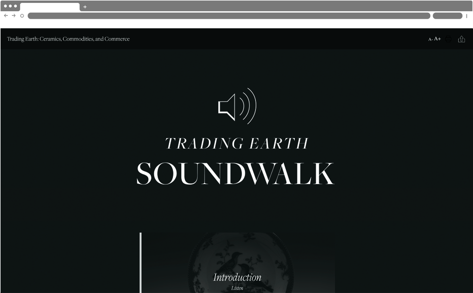 Screenshot of a slate-gray webpage. The top left reads “Trading Earth: Ceramics, Commodities, and Commerce”. In the center reads “Trading Earth SoundWalk”. Below is an image of a plate with birds, and above is an audio symbol.