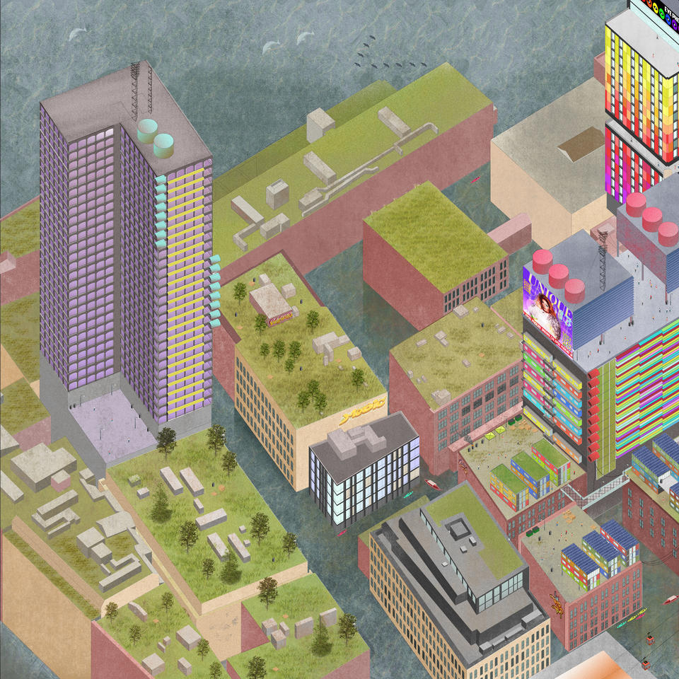 Isometric Digital Drawing, Facing North, Depicting the Seaport District in Boston, MA, in the year 2100.