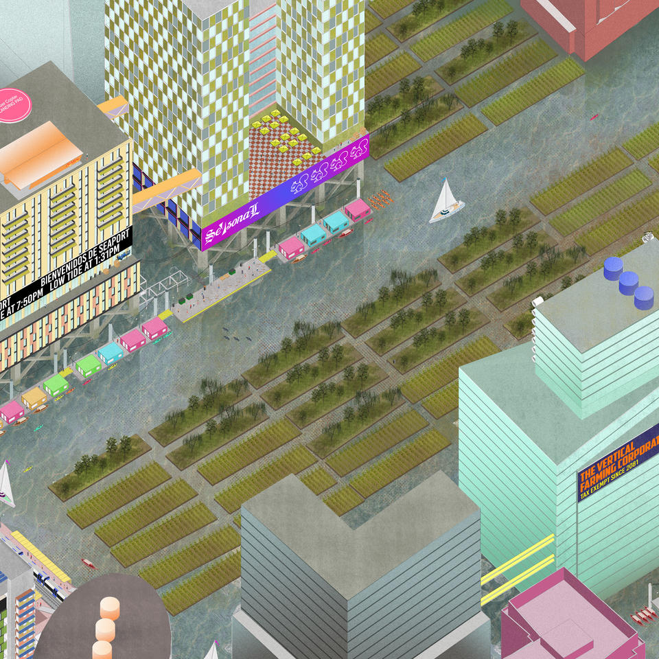  Isometric Digital Drawing, Facing North, Depicting the Seaport District in Boston, MA, in the year 2100.