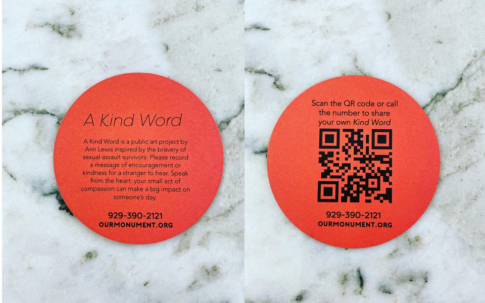 The front and back sides of a circular orange card with call-in details for A Kind Word