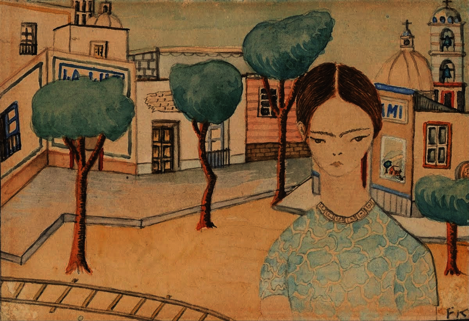 Watercolor painting of a girl amid family homes, trees, and a church.