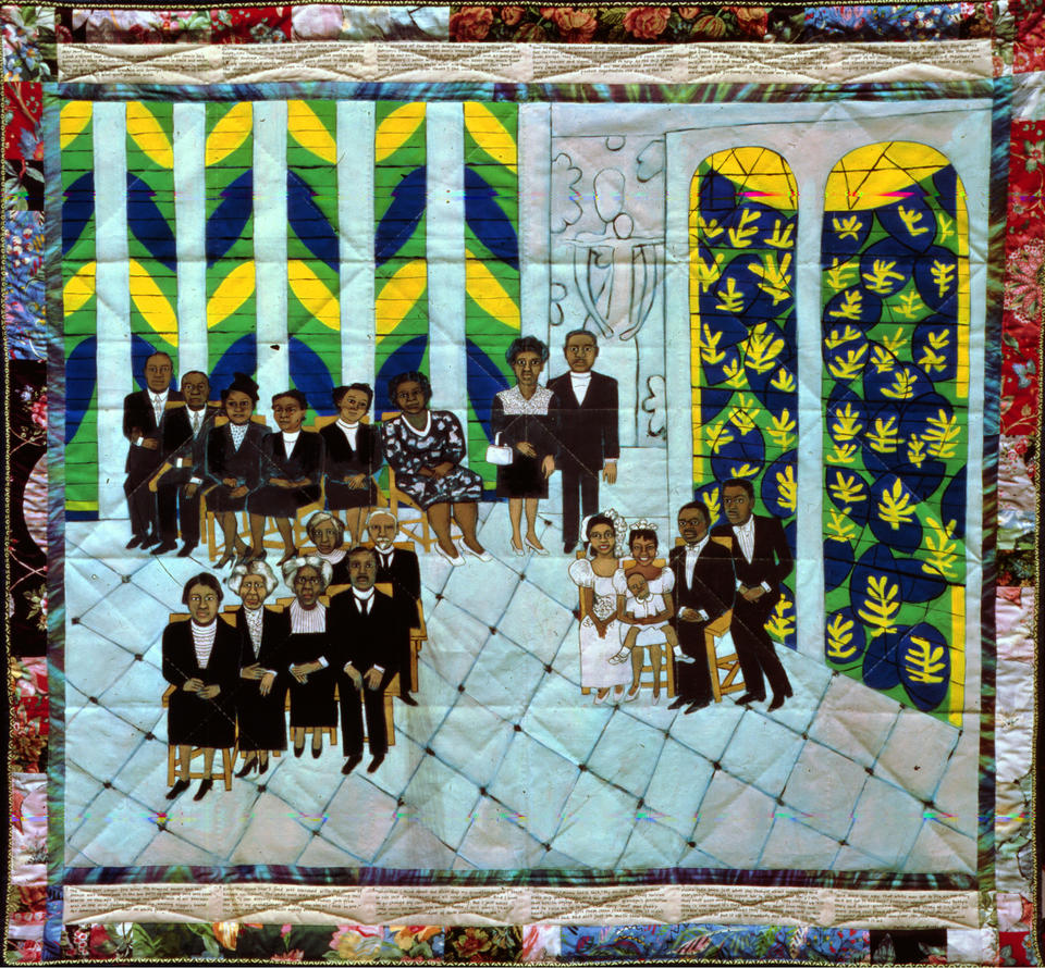 Fabric painting of Faith Ringgold’s family in Matisse’s Chapel