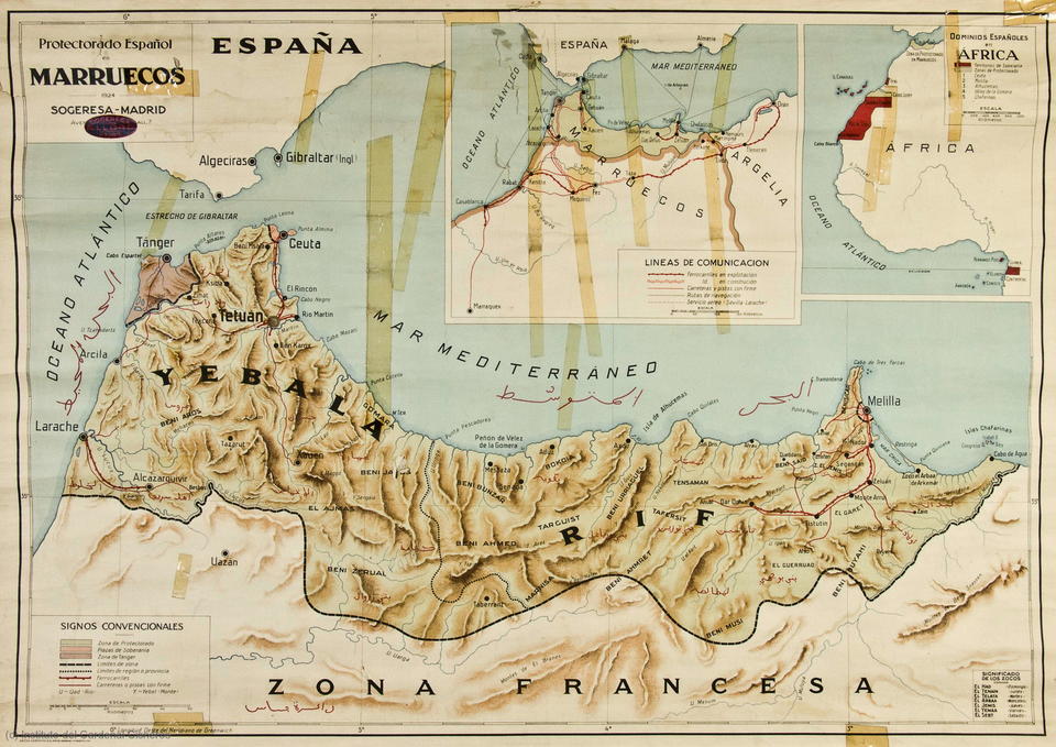 1924 colonial map the Spanish Protectorate in Morocco.