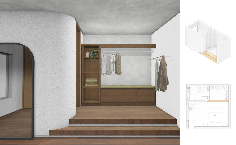 Digital rendering of a closet that opens up to the bedroom, accompanied by a floor plan and axonometric diagram of the boundary. The closet is two steps higher than the floor of the bedroom.