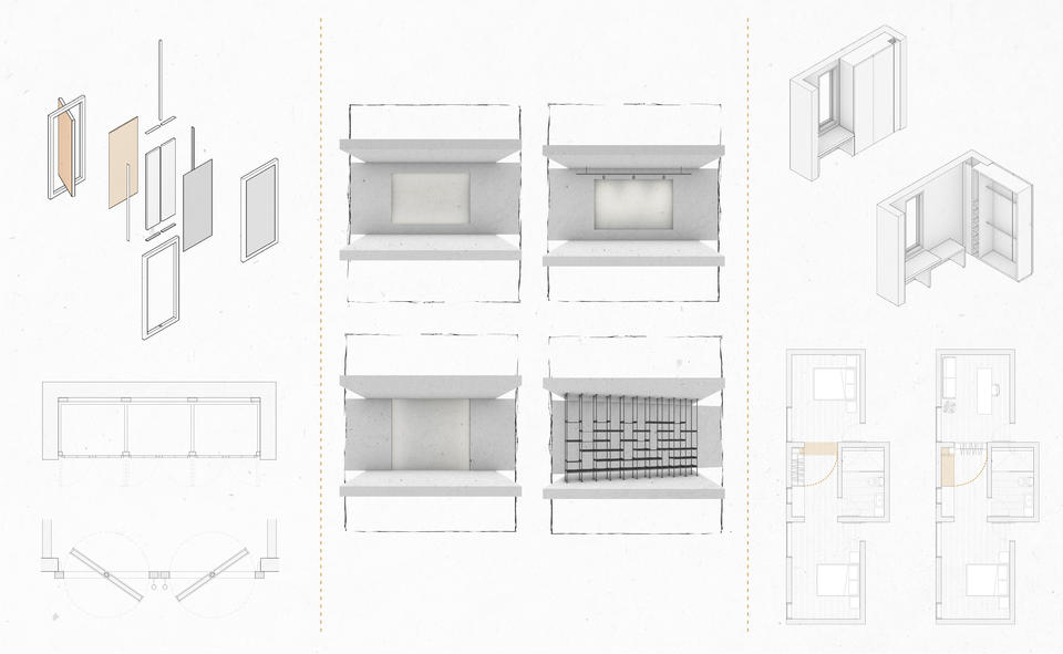 Axonometric drawing of a cabinet that rotates to change finishes, digital collages of wall art niches, and an axonometric view of a rotating wardrobe. Accompanied by their respective floorplans.