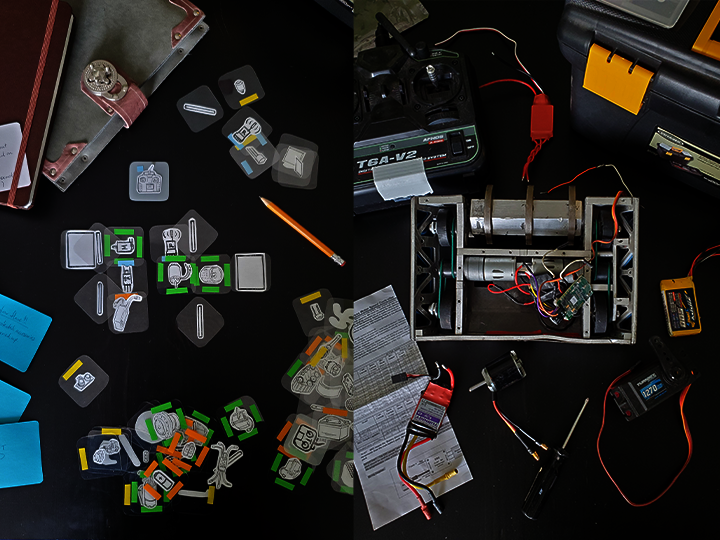 A side by side collage of 2 photographs, left side showing the transparent prototype cards and the right side showing the real-life equivalent robot the cards are representing.