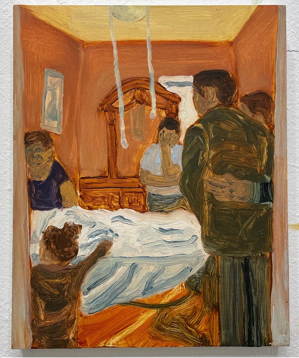 Painting of a family surrounding a bed 