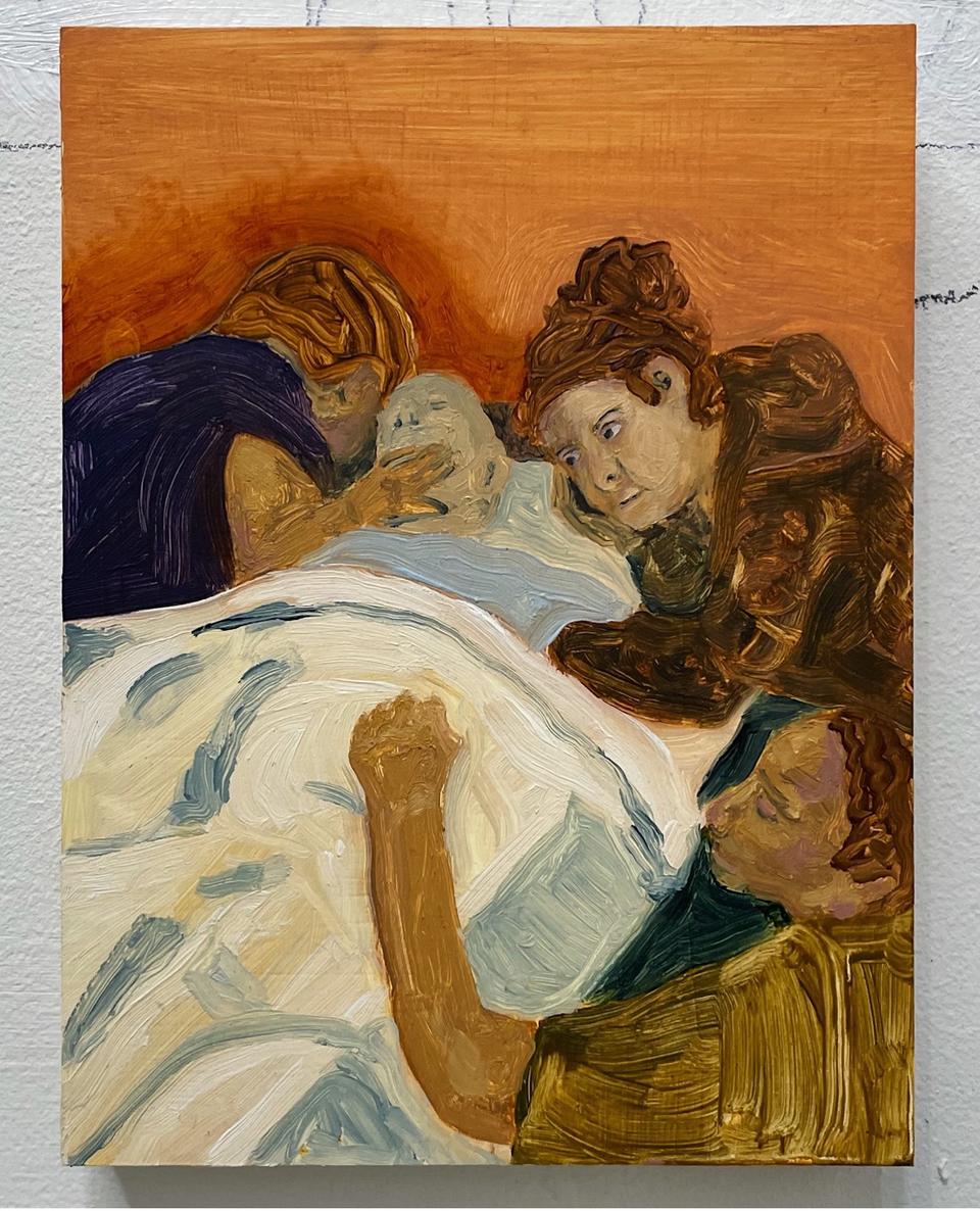 Three female figures surround a male figure in a bed