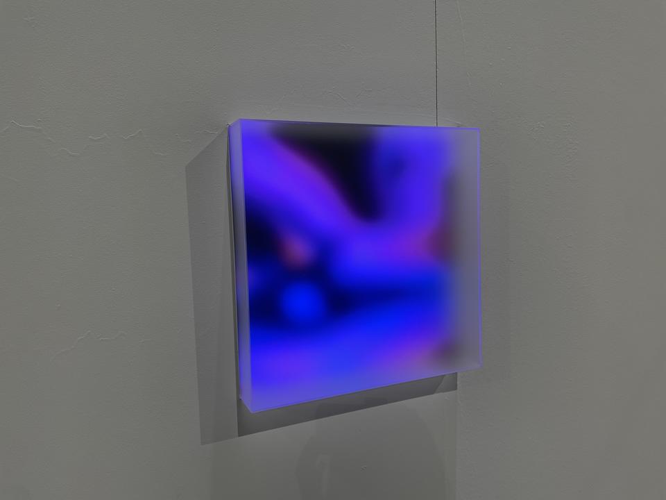 Photo documentation of installation featuring a close-up of one of the three light boxes.