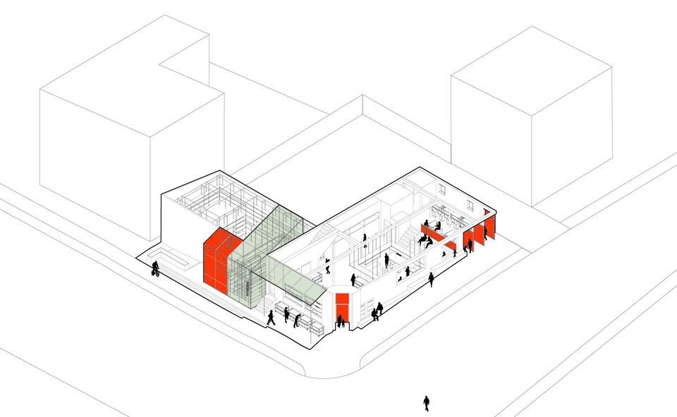 Axonometric view of the intervention, indicating clear and orange polycarbonate materials.
