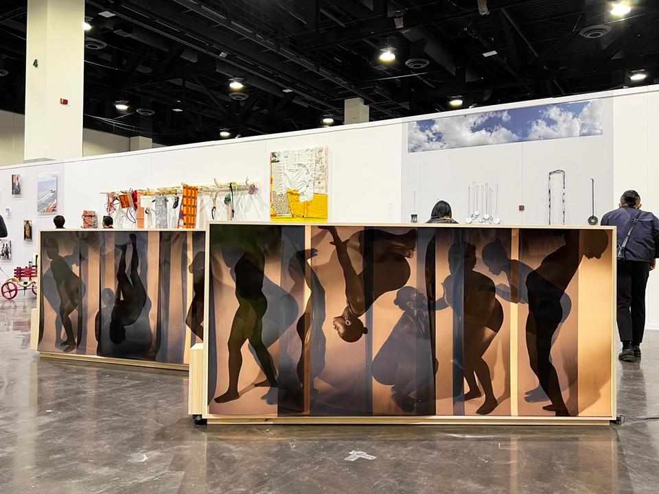 two large horizonal light boxes lit on both sides. one side has a silhouetted body making repeated gestures and the other in a person laying in a bed