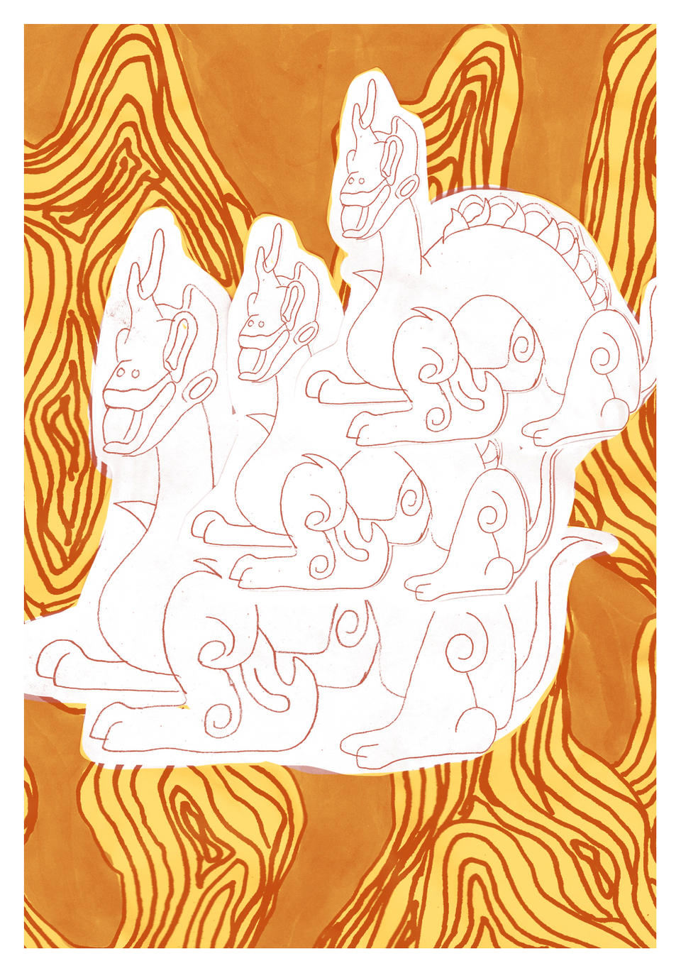 Three dragons layered on top of each other diminishing in size with largest being infront on an orange background with lines going up and down.  