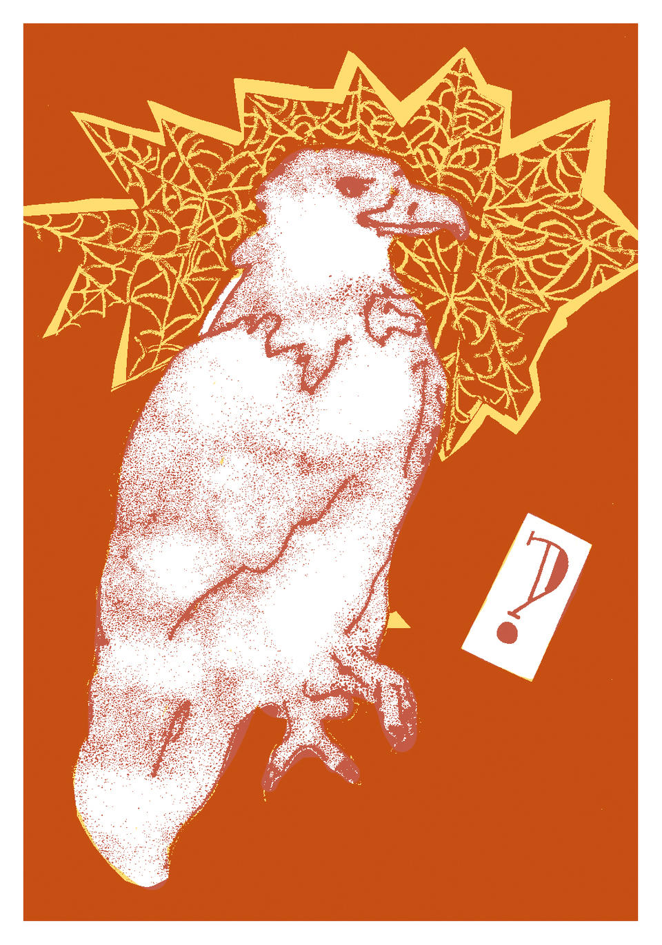 An eagle on an orange background with question mark floating to the right by its claws