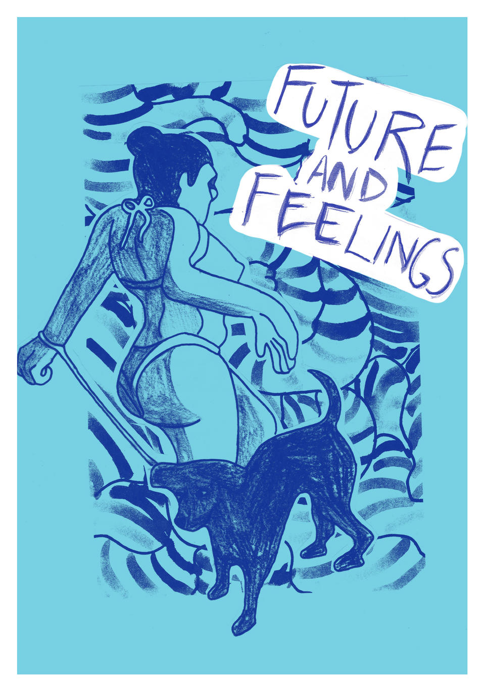 a figure in a biniki walking a dog into a swirling depth and the words "future and feelings" on the upper right