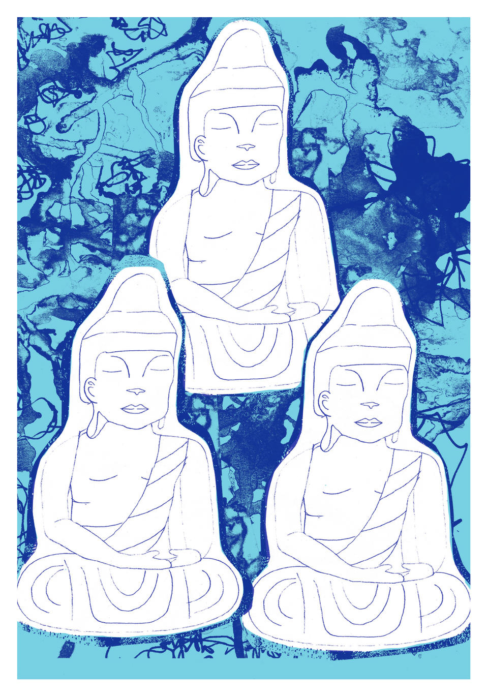 Three sitting buddhas on drippy paint background