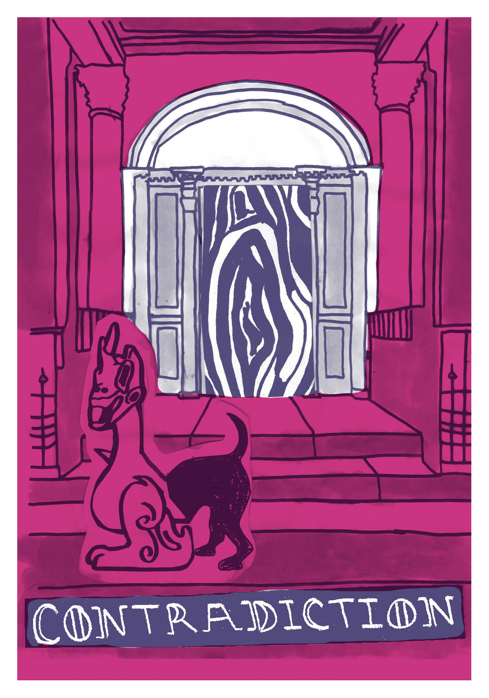 In pinks and purples there is half dragon half dog standing in front of a doorway with swirling portal, the words contradiction along the bottom. 