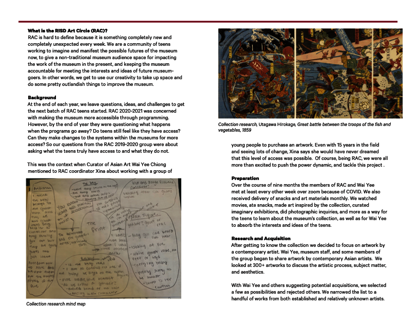 Handout created by teens that tells the story the work and research they did to curate the artworks