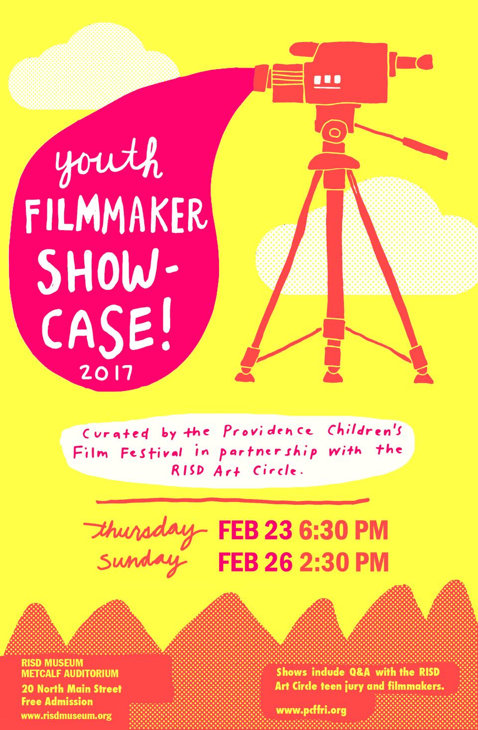 Yellow, pink, and orange poster advertising the Youth Film Maker Showcase