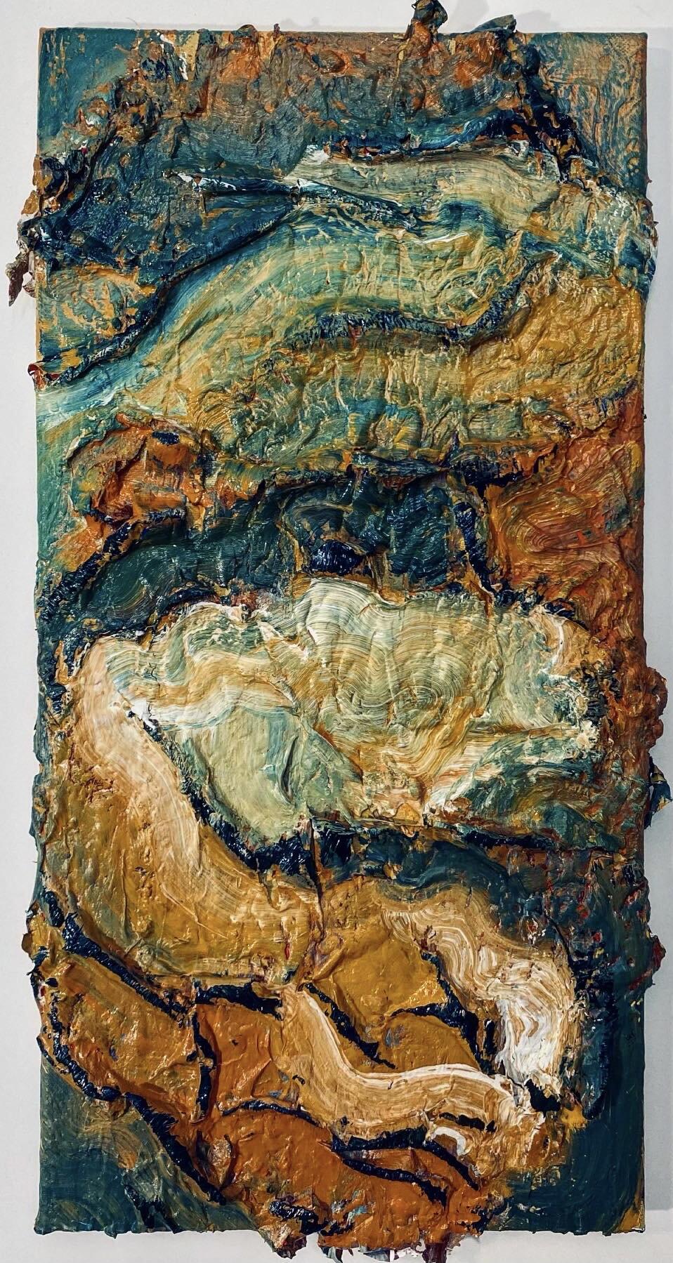 This painting was made with a sheet of acrylic paint that was dried and draped onto a canvas. The resulting surface was painted on with warmer yellow, green, and teal colors