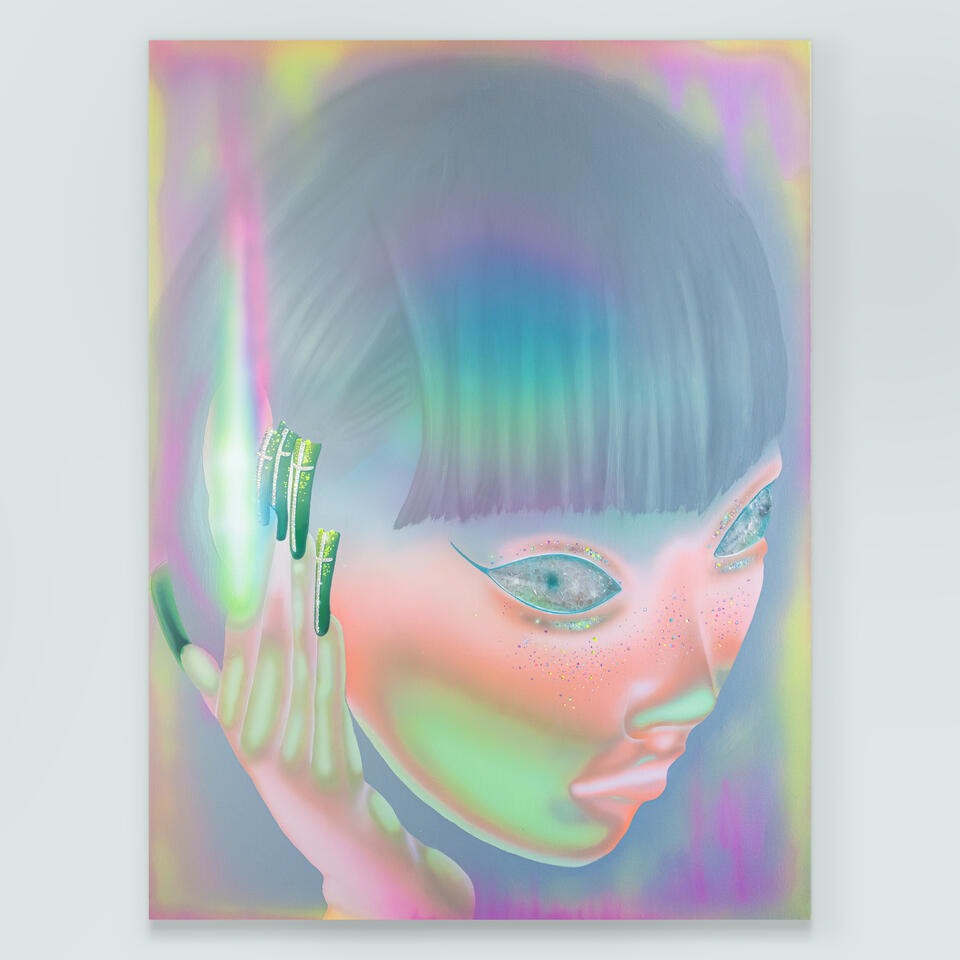 Chromatic neon portrait with eyes lighting up and fragmented by mica and rays of light shooting out of the ear and colorful rhinestone decaled nails