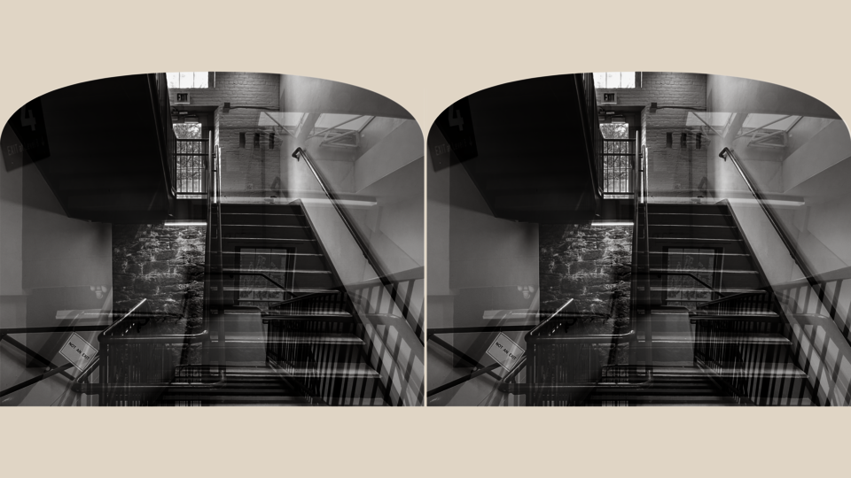 The black-and-white stereoscopic image shows a symmetrical, multi-layered staircase. Mirrored perspectives, architectural details like brick walls and railings, and overlapping layers create a dynamic sense of movement, capturing the stair's experience.