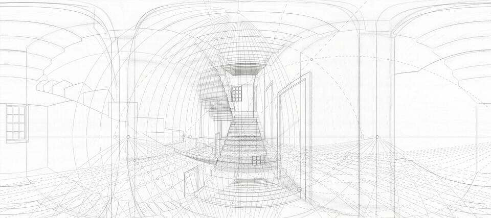 The image depicts a complex wireframe architectural drawing of an interior space. The drawing showcases a detailed perspective view with multiple vanishing points, emphasizing the depth and structure of the space. 