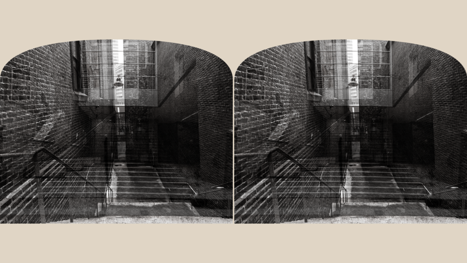 A black-and-white stereoscopic image of the RISD Museum's outdoor staircase. The symmetrical composition features mirrored perspectives and visible architectural details, creating a sense of movement and capturing the site's dynamic experience.
