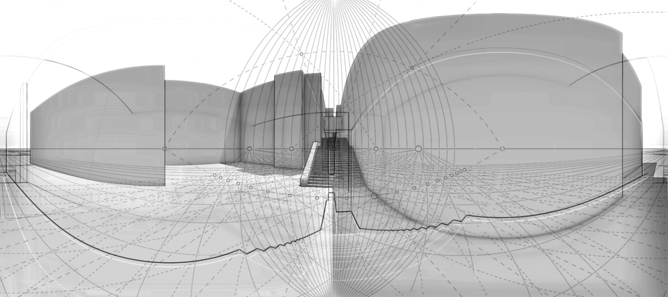 Detailed wireframe architectural drawing of an outdoor staircase cutting through RISD CAMPUS
