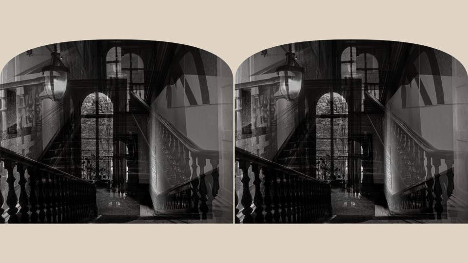 A black-and-white stereoscopic image of Woods Gerry interior staircase. The symmetrical composition features mirrored perspectives and visible architectural details, creating a sense of movement and capturing the site's dynamic experience.