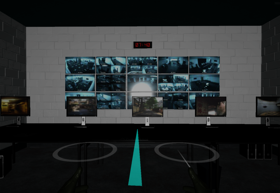 The VR game start at the surveillance room with screens and monitors, shows the way people watch you from cameras.