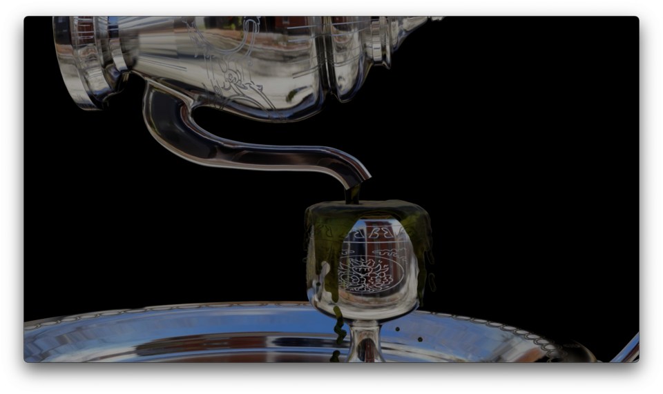 Film still of 3-D rendered silver teapot pouring toxic waste into a silver cup.