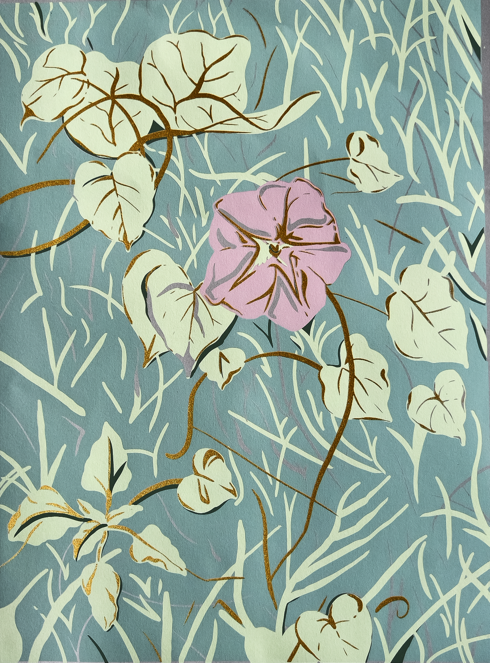 Blue, green, gold and pink silkscreen print depicting of a morning glory 