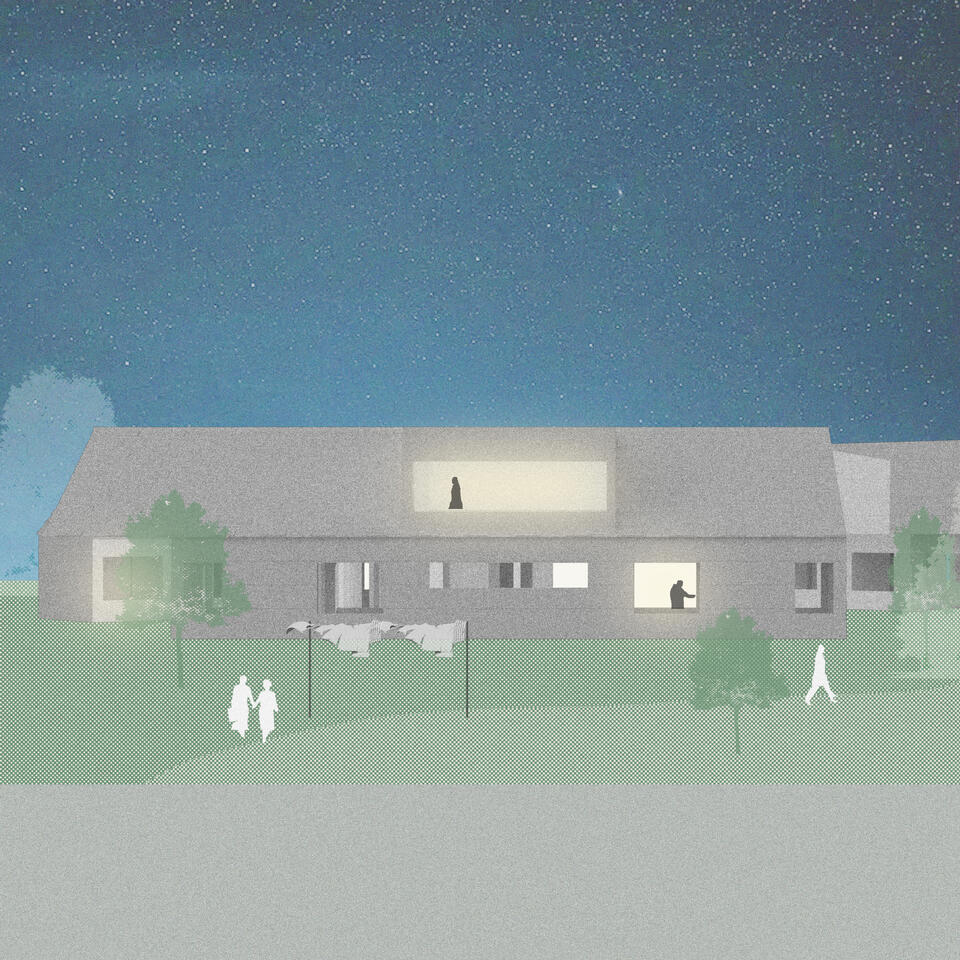 Nighttime rendering of the front of a suburban home, taken from the street view