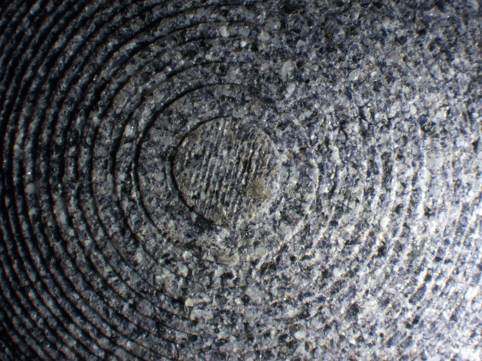 Microscopic imaging 400x magnification showing intricate, tightly packed concentric circles of mussel shell biomaterial in the bottom exterior of Shellf Life Bowl.
