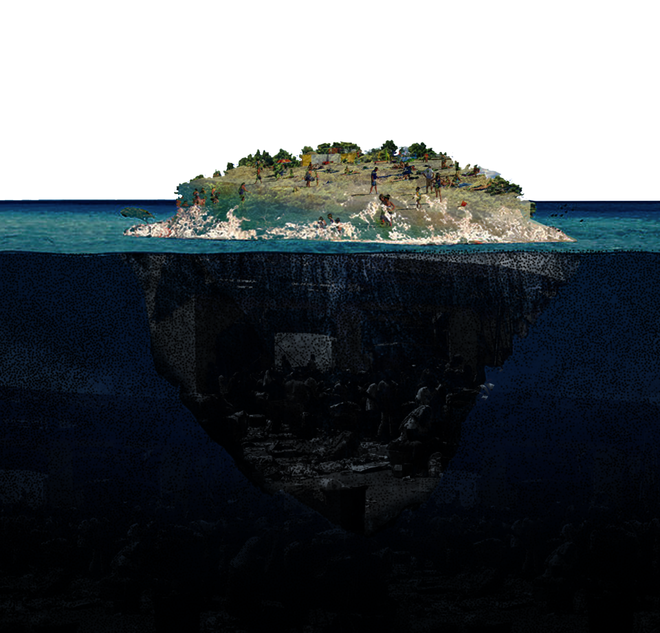 An island collage with two sides. Above the water are the happy tourists, below the water are the distressed