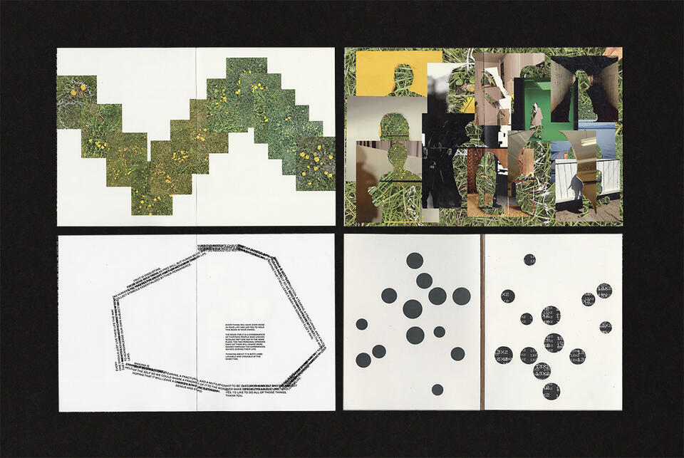 Four spreads of a publication with collages of dandelion formations, typography, and silhouettes of people. 