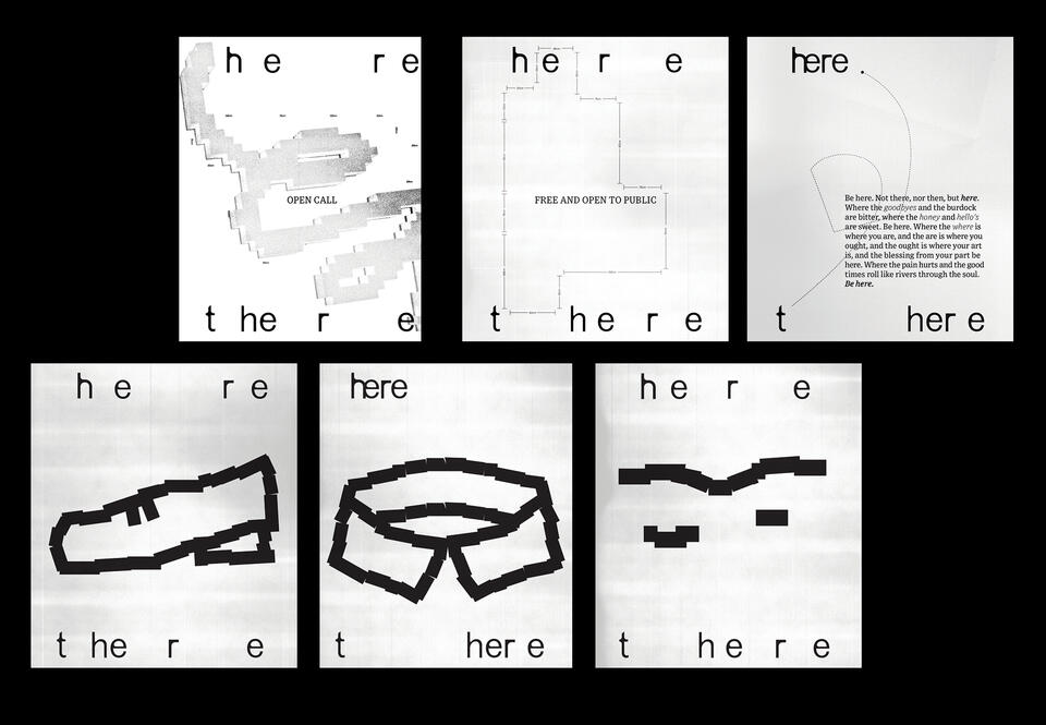 Six posters with the title "Here-there". Each word is placed in the opposite corners of a poster, giving a space for various illustrations inside. 