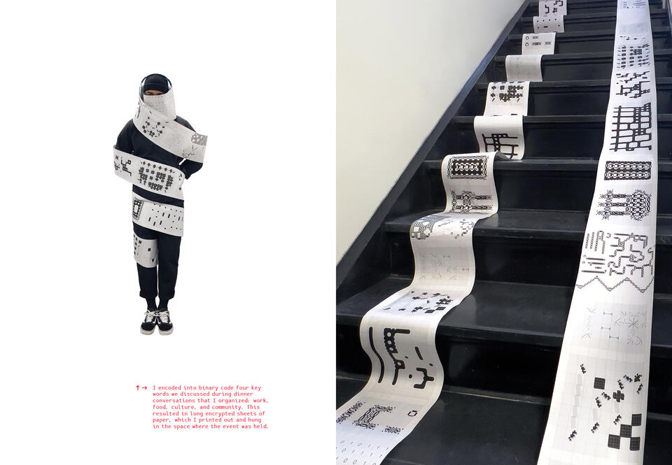 A man standing still covered in a long sheet of paper wrapped around him. On the other side of the collage are the stairs with the same two long prints falling down the stairs.