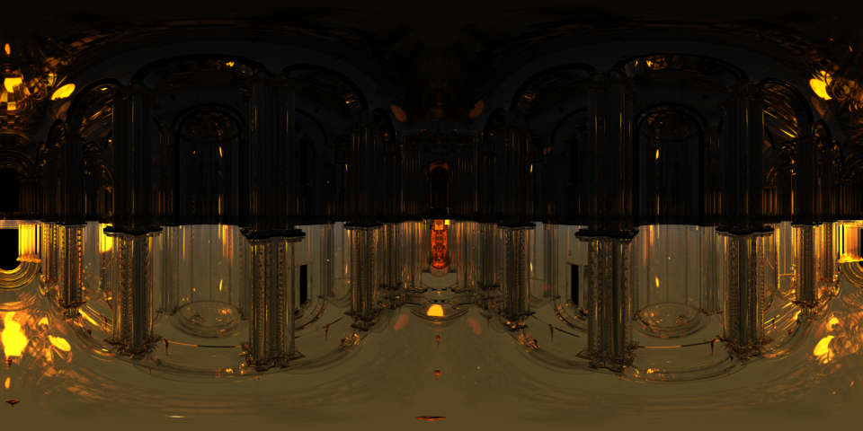 Glass cathedral on chequer landscape in equirectangular immersive format