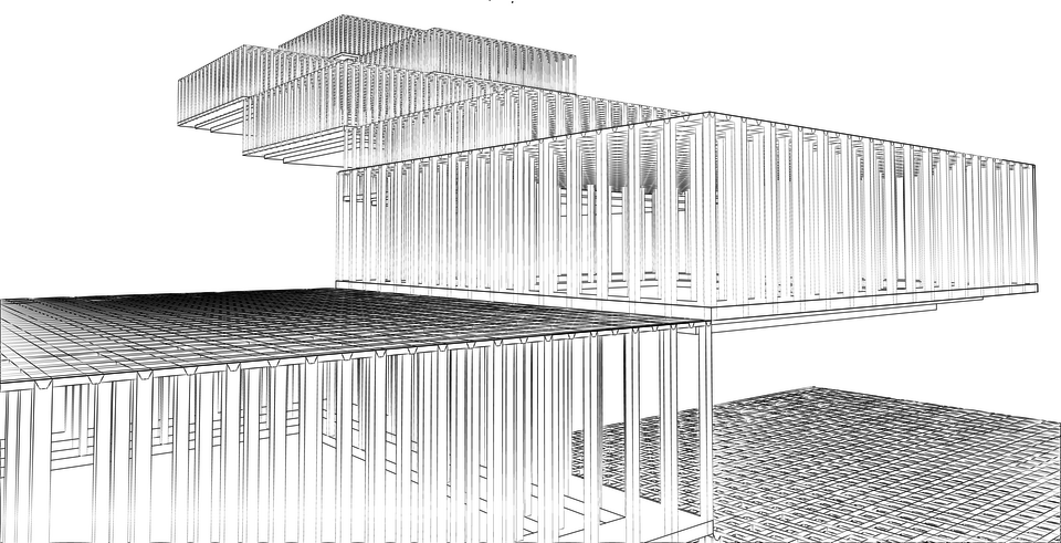 Line drawing of floating tiered office space