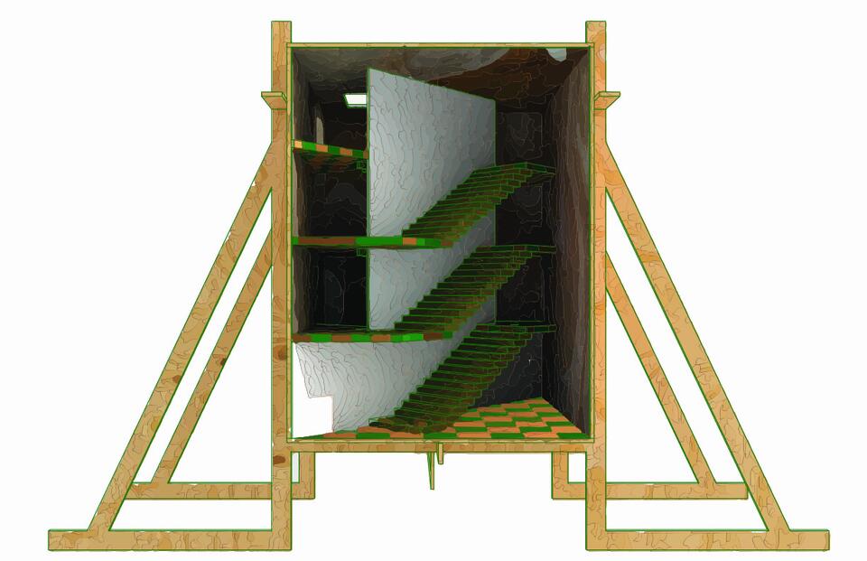 The illustration shows panels of plywood held together by triangular supports which enclose a rectangular set for a play. This set features a stairwell.