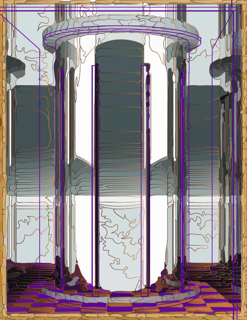 The illustration shows panels of plywood held together by triangular supports which enclose a rectangular set for a play. This set featured a mirrored room containing a mirrored cylinder room.