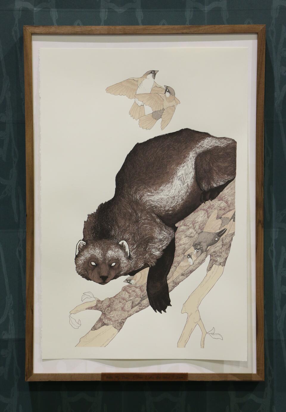 Screen print of a wolverine on tree branch, with sparrows above and below